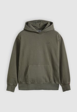 Olivovo zelená mikina s kapucňou vyrobená zo zmesi bavlny, vybavená klokankou, kapucňou so šnúrkou a rebrovanými manžetami a spodným lemom.