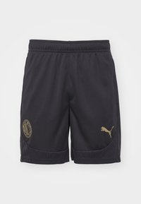 Svarta atletiska shorts gjorda av glatt tyg. Har guld AC Milan-logotyp och guld Puma-logotyp. Elastisk midja och sidofickor ingår.