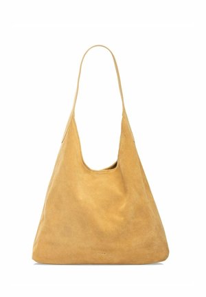 Miękka torba na ramię z zamszu w kolorze jasnobrązowym, z pojedynczym długim paskiem i luźnym, trójkątnym kształtem.