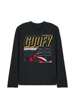 Schwarzes Langarmshirt mit dem Schriftzug "GOOFY 32 Championship" und einer roten Rennwagen-Grafik vor einem karierten Flaggenhintergrund.