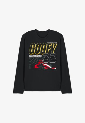 Schwarzes Langarmshirt mit dem Schriftzug "GOOFY 32 Championship" und einer roten Rennwagen-Grafik vor einem karierten Flaggenhintergrund.