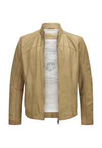 Hellbeige Lederjacke mit Stehkragen, Frontreißverschluss und dezenten Nähten. Leichtgewichtig, mit glatter Textur und lockerer Passform.