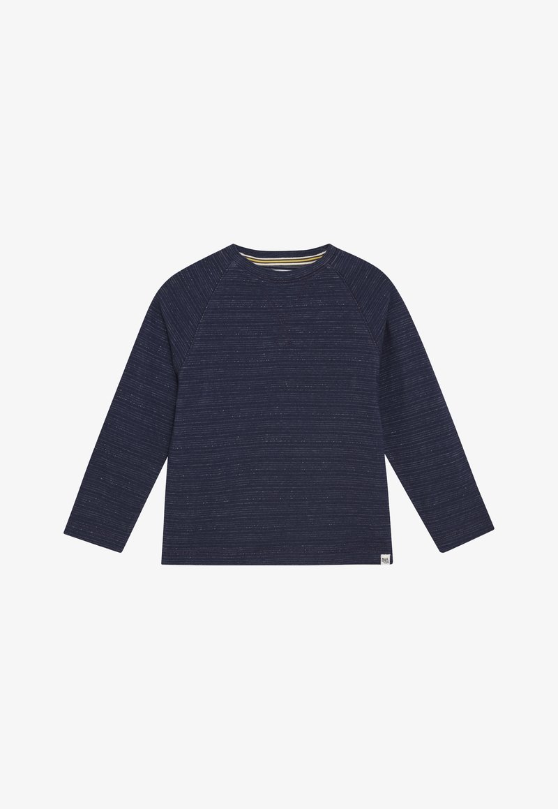 Dunkelblaues Langarm-Sweatshirt mit dezentem horizontalem, weiß gesprenkelt Muster und Rundhalsausschnitt, kleiner Markenetikett am unteren Saum.