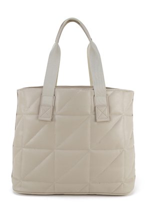 Beige gewatteerde handtas met twee brede stoffen riemen en een rechthoekig stikselpatroon, afgebeeld tegen een witte achtergrond.