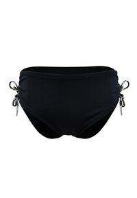 Czarny dół bikini o gładkiej powierzchni, z dekoracyjnymi sznurkami po bokach i subtelnymi detalami marszczenia.