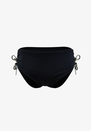 Czarny dół bikini o gładkiej powierzchni, z dekoracyjnymi sznurkami po bokach i subtelnymi detalami marszczenia.