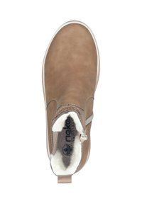Bottine marron avec un extérieur en cuir lisse, semelle blanche, détail de fermeture éclair et doublure douce beige visible de la vue de dessus.