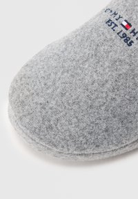 Papuci gri din fetru cu vârful rotunjit. Prezintă cusături și un logo brodat în nuanțe de bleumarin și roșu. Textura moale oferă confort.