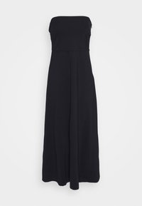 Svart strapless maxiklänning i mjukt tyg, med en figursydd överdel och svängande kjol. Slät textur utan synliga mönster eller detaljer.