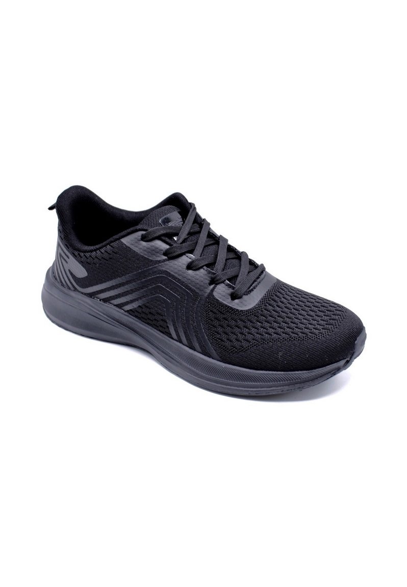 Chaussure de sport noire avec une tige texturée et un design épuré, dotée de lacets et d'une semelle rembourrée. Convient pour la course ou le port décontracté.