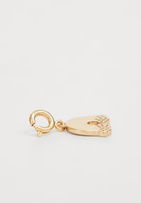 Gold-toned pendant featuring a heart shape with a textured edge and a circular clasp, showcasing a polished finish and intricate detailing.
