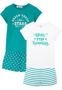 Deux ensembles de pyjama : l'un avec un haut teal portant l'inscription "Rêve sous les étoiles" et un short à pois ; l'autre avec un haut blanc affichant "Ne cesse jamais de rêver" et un short rayé.