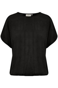 Black short-sleeve top made from lightweight fabric, featuring a loose fit and rounded neckline with no visible hardware or patterns.