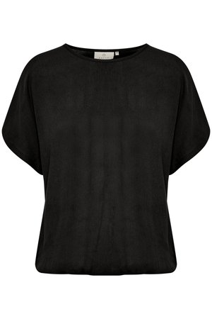 Haut noir à manches courtes en tissu léger, offrant une coupe ample et un col rond sans hardware ni motifs visibles.