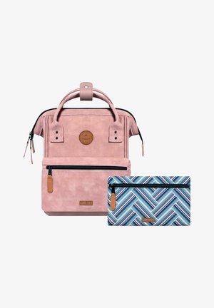 Pink faux leather backpack with top handle, front zip pocket, and decorative stitching; includes a blue patterned pouch with zip closure.