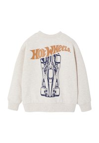 Light gray sweatshirt featuring a blue graphic of a race car on the back, with "Hot Wheels" text in orange above the graphic. Cozy fabric, casual fit.