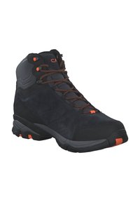 Schwarze Wanderschuhe aus Wildleder und synthetischem Material. Mit orangefarbenen Akzenten, strukturiertem Muster und einer robusten Gummisohle für guten Halt.