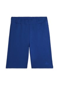 Pantalones cortos azul elástico con cintura elástica, bolsillos laterales y dobladillo cosido. La tela tiene una textura suave. Detalle del logo en la esquina inferior.
