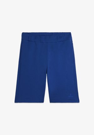 Pantalones cortos azul elástico con cintura elástica, bolsillos laterales y dobladillo cosido. La tela tiene una textura suave. Detalle del logo en la esquina inferior.