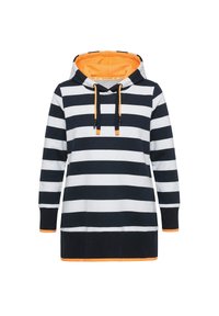 Robe à manches longues avec capuche, rayures horizontales noires et blanches, doublure orange à la capuche, cordons et bordure aux poignets et à l'ourlet.