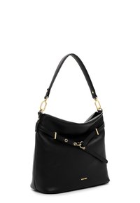 Black leather shoulder bag with adjustable strap, gold hardware, and subtle brand logo on the front bottom corner.