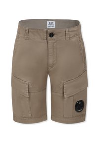 Pantaloni cargo khaki con molte tasche, chiusura frontale con bottone e patch con logo di lato. Realizzati in tessuto leggero.