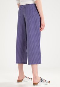 Paars gestreepte culottes met een ontspannen pasvorm, voorzien van zijzakken en een zoom net boven de enkel. Draag ze met zilveren sandalen.