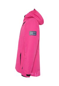 Helle pink wasserdichte Jacke mit Kapuze, seitlichen Reißverschlusstaschen, verstellbaren Bündchen und einem Patch-Logo am Ärmel. Schlankes, modernes Design.