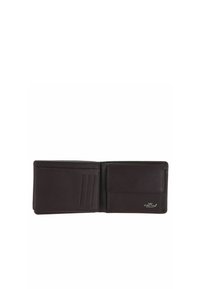 Portefeuille bifold en cuir brun foncé ouvert, montrant trois emplacements pour cartes à gauche et une poche à monnaie avec rabat à droite.