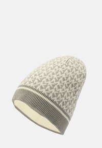 Soft knit beanie hat with light grey and white geometric pattern and ribbed grey cuff with white stripe.