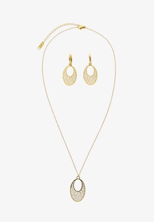 Aranyszínű nyaklánc és hozzáillő fülbevalók ovális filigrán medálokkal, áttört virágmintákkal.