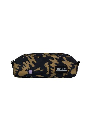 Black and brown camouflage pencil case with a purple dot detail and a Roxy logo tag, featuring a zippered closure and rounded shape.