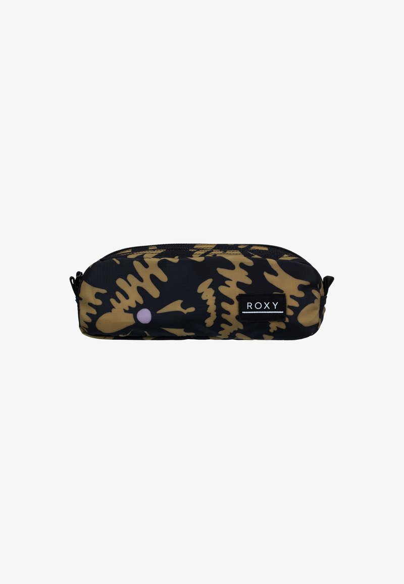 Zwarte en bruine camouflage etui met een paarse stipdetail en een Roxy logo label, voorzien van een ritsluiting en een afgeronde vorm.