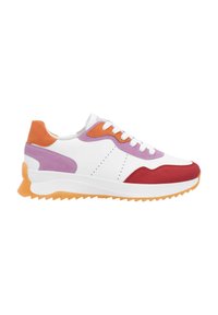 White sneaker with red, purple, and orange accents. Features a textured outsole and lace-up design. Smooth leather and suede materials.