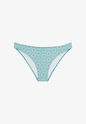 Bas de bikini turquoise avec un motif floral, tissu doux, taille élastique et surpiqûres contrastées.