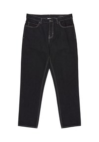 Jeans de denim negro con corte recto, con costuras blancas en contraste, cinco bolsillos y cierre frontal con botón.