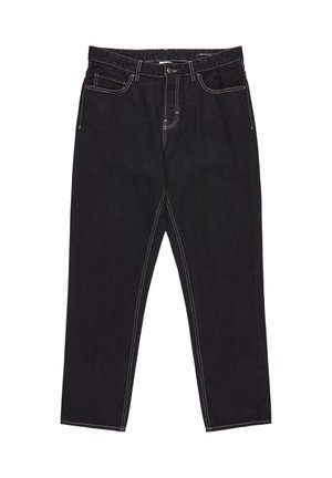 Jeans in denim nero con taglio dritto, caratterizzati da cuciture bianche a contrasto, cinque tasche e chiusura frontale con bottone.