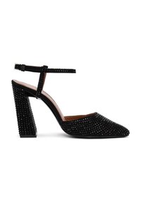Scarpa nera con tacco alto e punta affilata, decorata con strass, dotata di cinturino alla caviglia e con tacco a blocco texture.