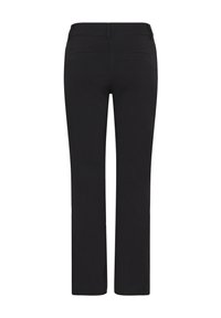 Čierne nohavice s rovno strihanými nohavicami, hladkou textúrou, štandardným pásom a dvoma zadnými vreckami. Čistý dizajn, bez viditeľných ozdôb.