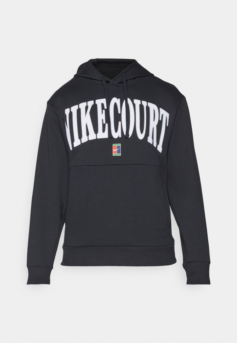 Felpa nera con cappuccio caratterizzata dalla scritta "NIKECOURT" in bianco sul petto, con una piccola etichetta logo multicolore sul davanti. Materiale misto cotone.