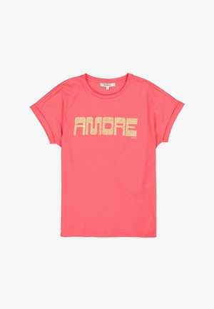 Roze T-shirt met korte mouwen met het woord "AMORE" in gouden glitters. Gemaakt van zachte stof, het heeft een klassieke ronde halslijn en een ontspannen pasvorm.