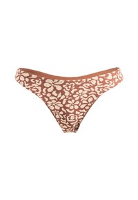 Bikini onderzijde van gestructureerde bruine stof met wit bloempatroon, voorzien van een low-rise snit en een elastische tailleband.