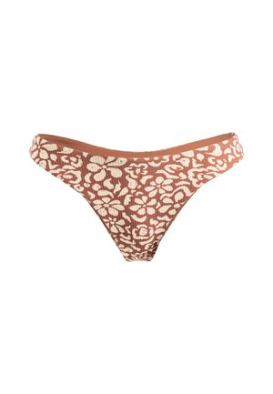 Bikini inferiore in tessuto marrone testurizzato con motivo floreale bianco, caratterizzato da un taglio a vita bassa e una cintura elastica.