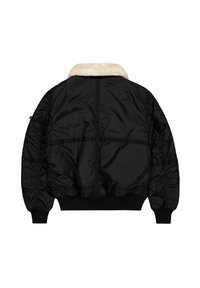 Veste bomber noire avec col en fausse fourrure blanche vue de dos, avec poignets et ceinture côtelés.