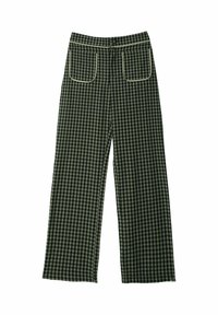 Pantalon à jambes larges à carreaux verts et noirs, en tissu, avec deux poches arrière soulignées d'un passepoil contrastant et une taille haute.