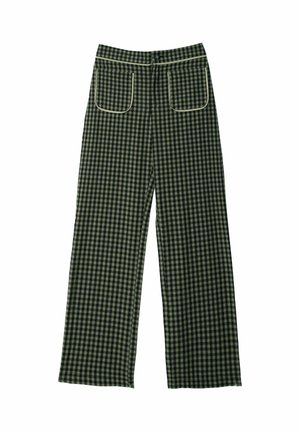 Pantalones de pierna ancha a cuadros verdes y negros, hechos de tela, con dos bolsillos traseros con ribete de contraste y diseño de cintura alta.