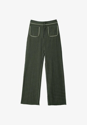 Pantalones de pierna ancha a cuadros verdes y negros, hechos de tela, con dos bolsillos traseros con ribete de contraste y diseño de cintura alta.