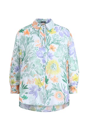 Long-sleeve button-up shirt in white with a floral pattern featuring orange, yellow, lavender, and green colors. Lightweight, relaxed fit.