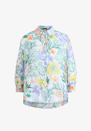 Gariešu piedurkņu krekls baltā krāsā ar ziedu rakstu, kurā ir oranžas, dzeltenas, lavandas un zaļās krāsas. Viegls, brīvs piegriezums.