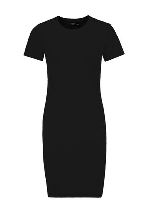 Schwarzes, geripptes Bodycon-Kleid mit kurzen Ärmeln und rundem Ausschnitt. Es hat eine figurbetonte Silhouette und eine glatte Textur.
